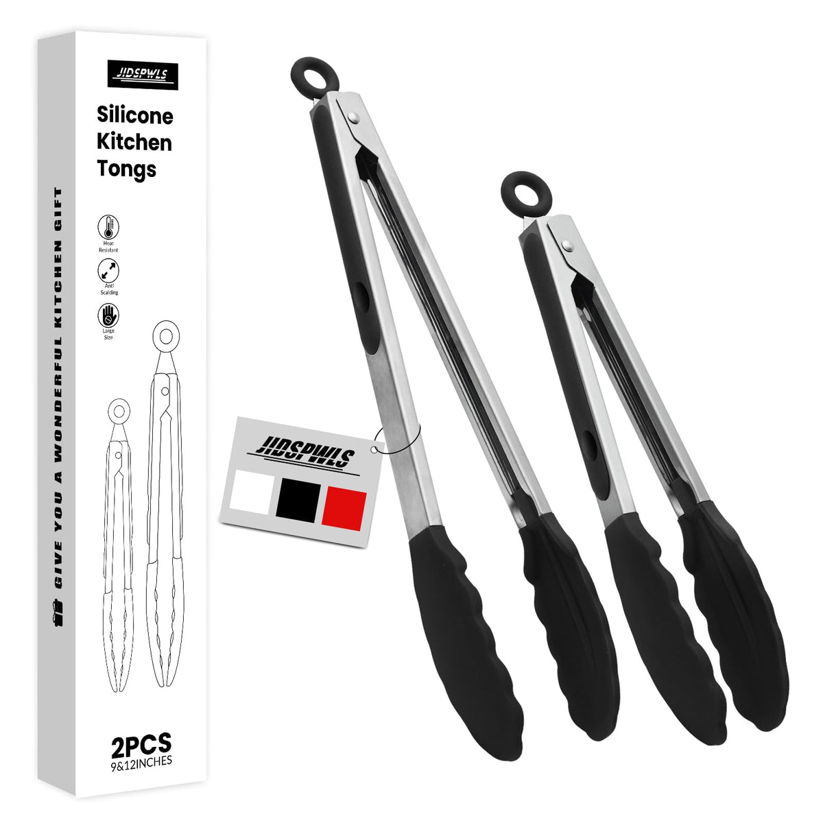 2 Pack Black Premium Stainless Steel Heat Resistant Kitchen Tongs for cooking,set of 9" and 12",Non Scratch Silicone cooking Tong Tip for Cooking Pans,Strong Grip BBQ tongs for Grabbing Hot Food