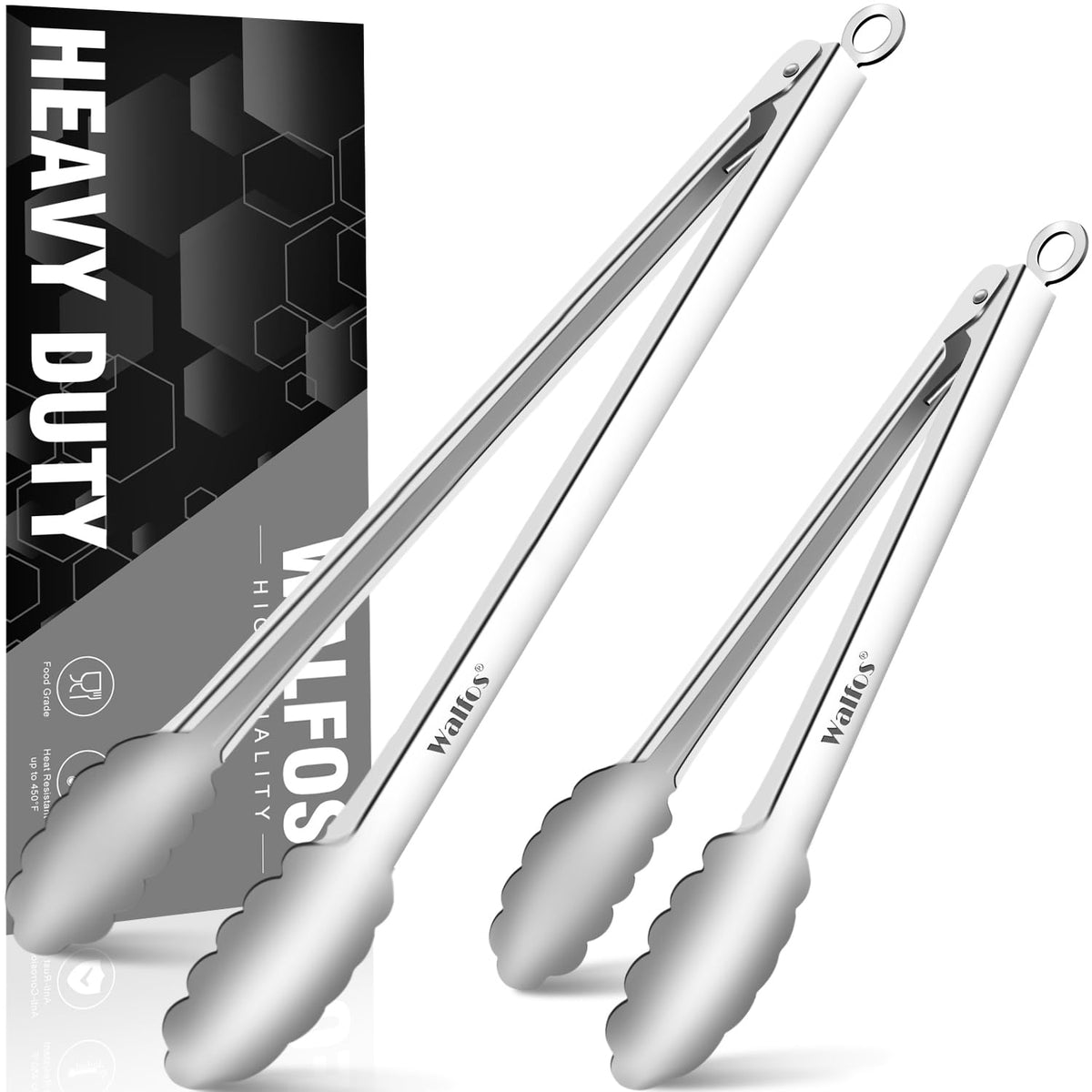 Walfos Silicone Tongs for Cooking - Heat Resistant kitchen tongs for Salad,Cooking, Grilling,Stainless Steel and BPA Free Silicone Tips set of 3 (7" 9" and 12 inch)