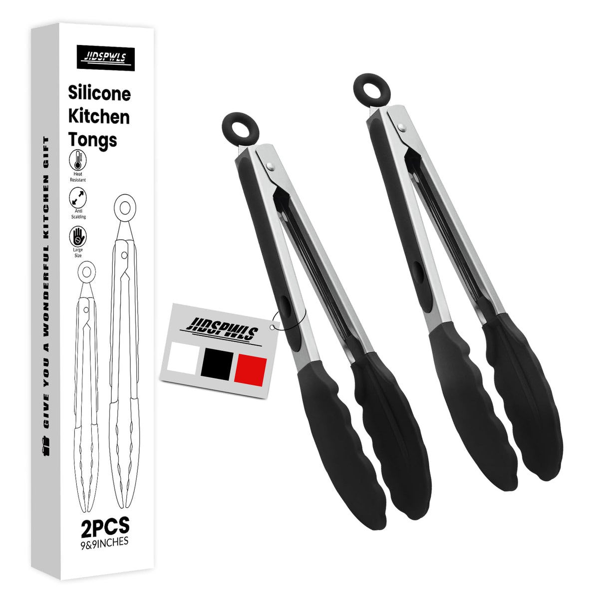 2 Pack Black Premium Stainless Steel Heat Resistant Kitchen Tongs for cooking,set of 9" and 12",Non Scratch Silicone cooking Tong Tip for Cooking Pans,Strong Grip BBQ tongs for Grabbing Hot Food