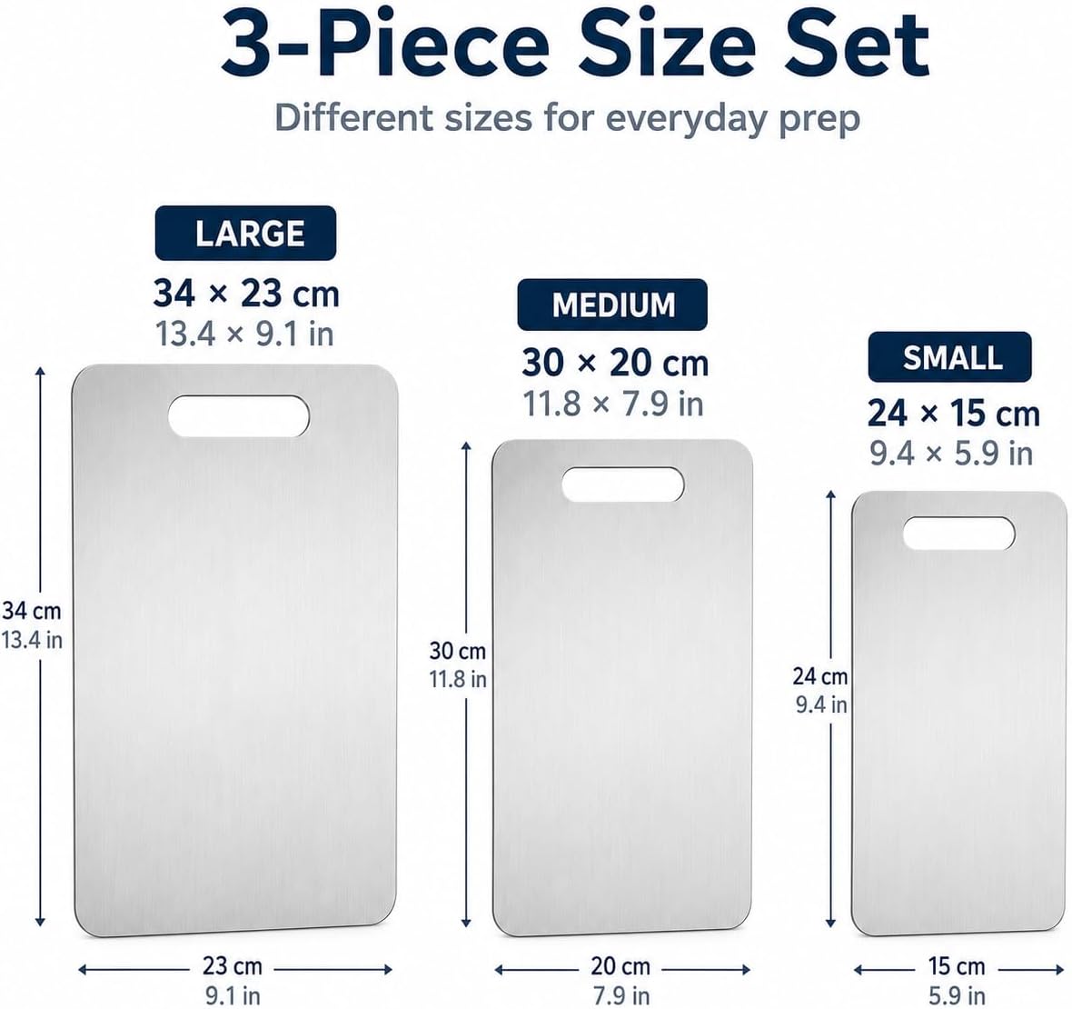 Stainless Steel Cutting Board Set of 3, Thin Metal Chopping Boards with Handle, Double Sided Kitchen Cutting Mats for Meat, Fish, Fruits & Vegetables, Home Camping BBQ