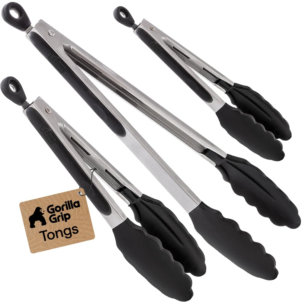 GORILLA GRIP Stainless Steel Kitchen Tongs for Cooking, 2 PK, Black