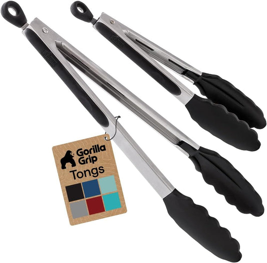 GORILLA GRIP Stainless Steel Kitchen Tongs for Cooking, 2 PK, Black