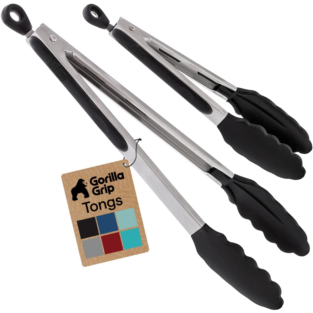 GORILLA GRIP Stainless Steel Kitchen Tongs for Cooking, 2 PK, Black