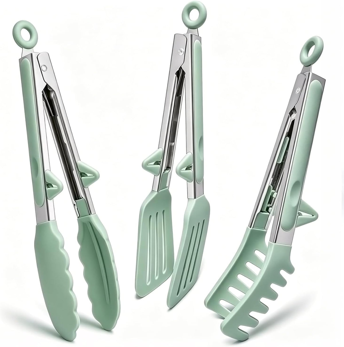 9" Kitchen Tongs for cooking with Silicone Tips, 3Pcs Serving Tongs, Green