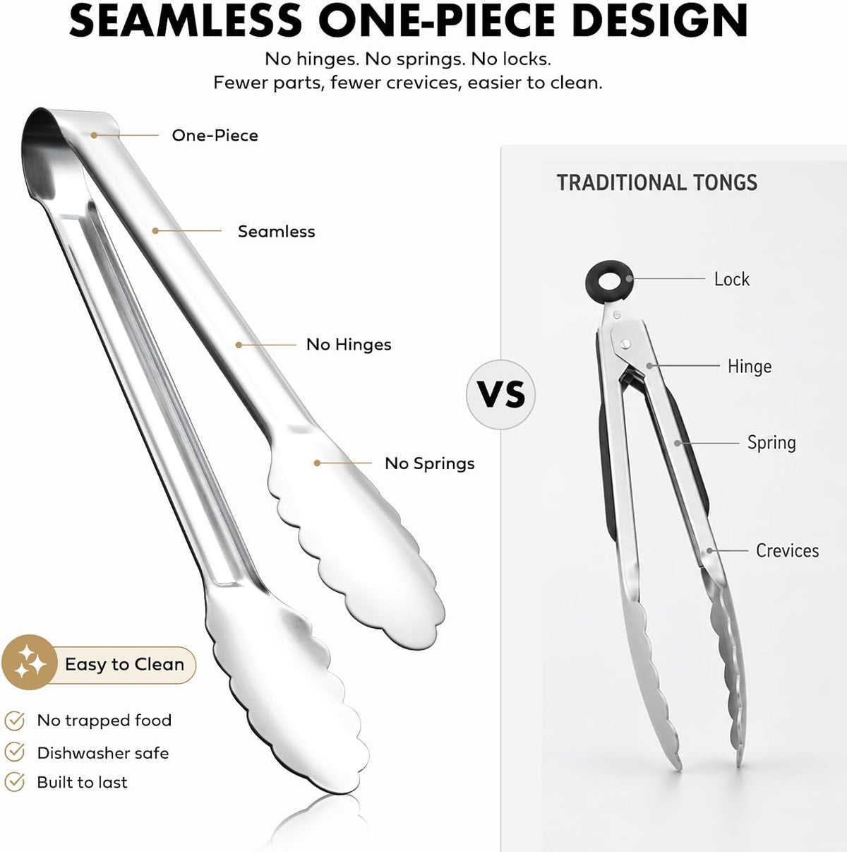 OYV Seamless Tongs for Cooking, One-Piece Design, Durable Heat Resistant Stainless Steel Tongs for Kitchen, Grill, BBQ, Salad, Dishwasher Safe, Metal Tongs Set (12" & 9")