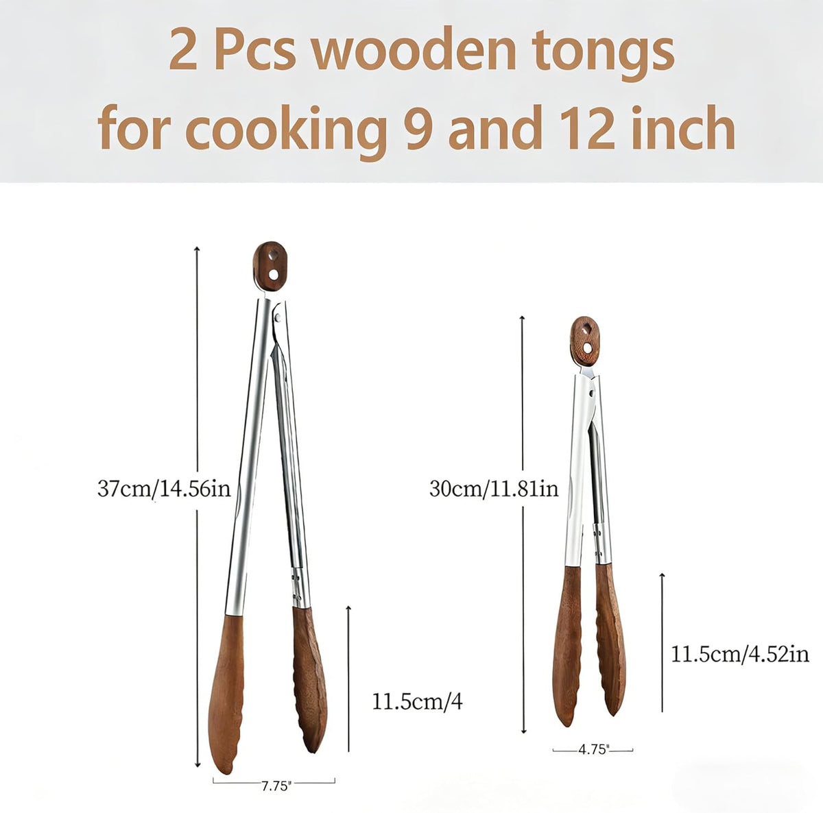 Wooden Tongs for Cooking Heat Resistant 2 Pcs 9 Inch 12 Inch Wooden Salad Tongs with Wood Tip for Serving Food Walnut Wood Kitchen Utensils for Toaster Home Chefs Gift Suitable for Non-stick Cookware