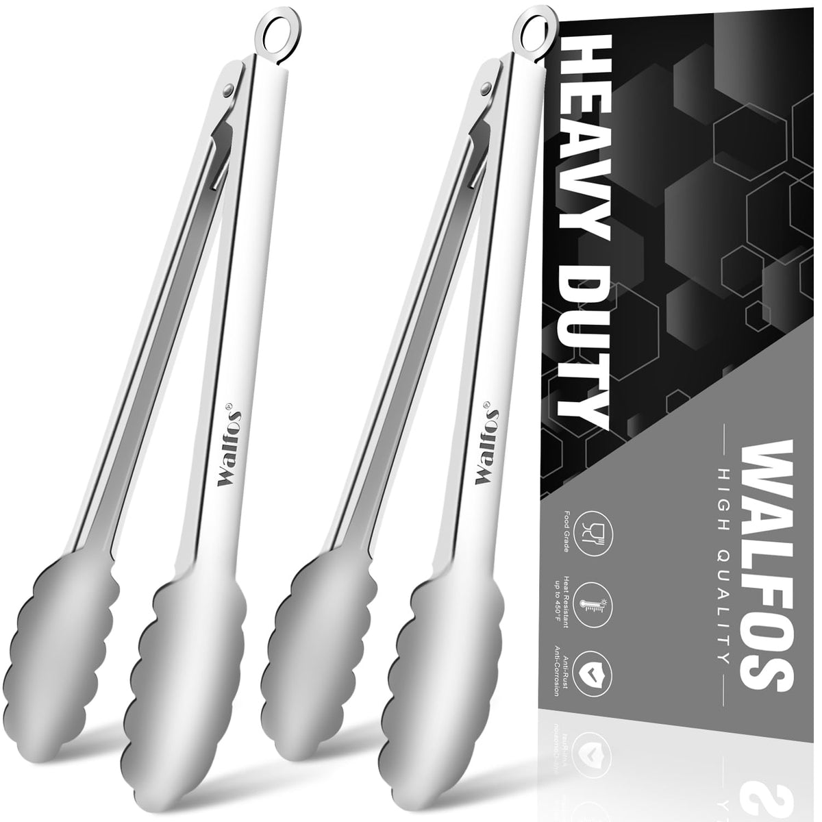 Walfos Silicone Tongs for Cooking - Heat Resistant kitchen tongs for Salad,Cooking, Grilling,Stainless Steel and BPA Free Silicone Tips set of 3 (7" 9" and 12 inch)
