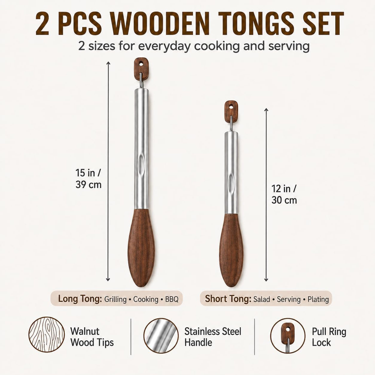 Wooden Tongs for Cooking - Kitchen Salad Tongs for Serving Food(12"+15")