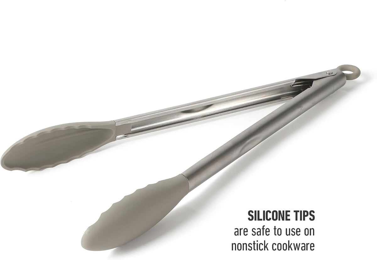 Calphalon Edge Kitchen Tongs, Stainless Steel Locking Tongs with Heat-Resistant Silicone Heads, Nonstick-Safe Cooking Tongs for Grilling, Serving & Food Prep, Taupe