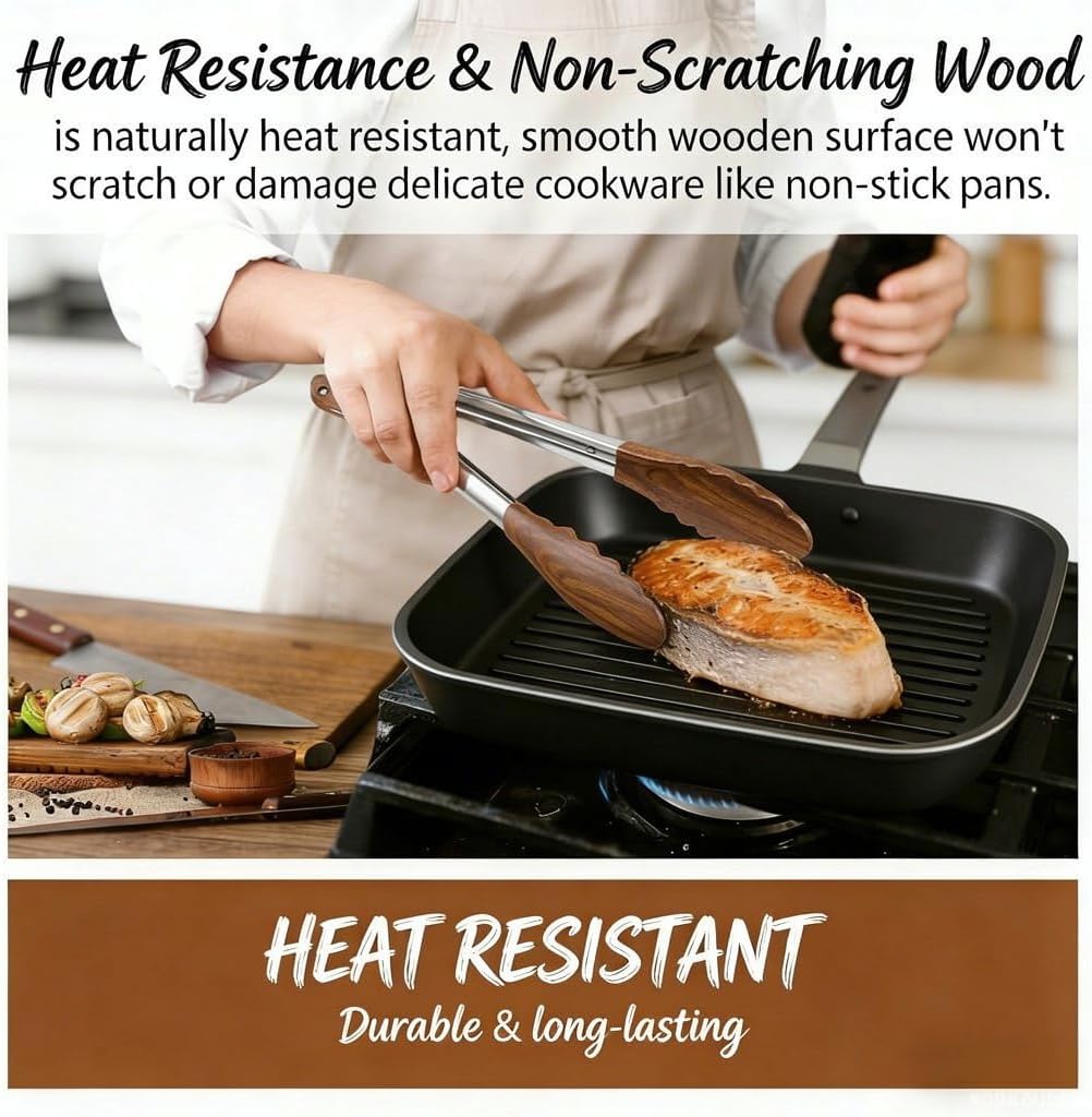Wooden Tongs for Cooking Heat Resistant 2 Pcs 9 Inch 12 Inch Wooden Salad Tongs with Wood Tip for Serving Food Walnut Wood Kitchen Utensils for Toaster Home Chefs Gift Suitable for Non-stick Cookware