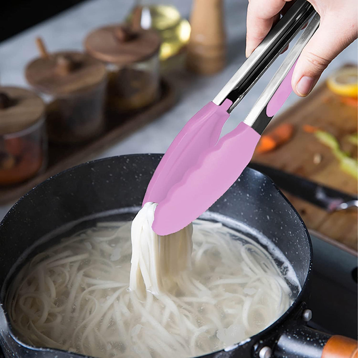 HINMAY Small Serving Tongs with Silicone Tips 7-Inch Mini Tongs, Set of 3 (Pink)