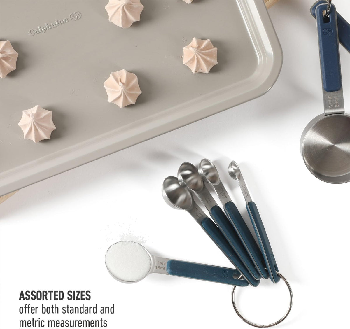 Calphalon Prime Measuring Spoons, Plastic Measuring Spoon Set, 5-Piece Stainless Steel Measuring Spoons Navy Silicone Handle Accurate, Durable for Spices and Small Portions