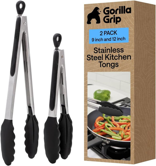 GORILLA GRIP Stainless Steel Kitchen Tongs for Cooking, 2 PK, Black