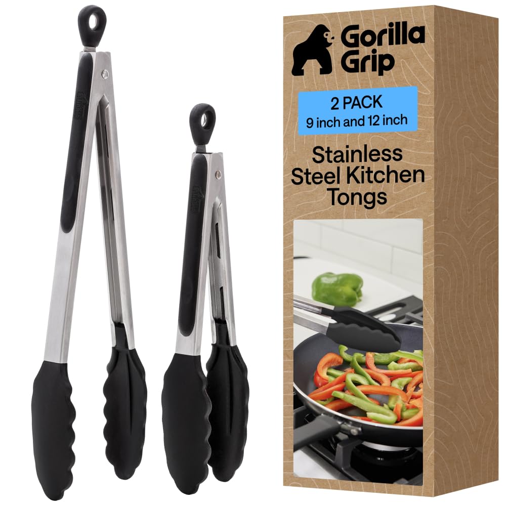GORILLA GRIP Stainless Steel Kitchen Tongs for Cooking, 2 PK, Black