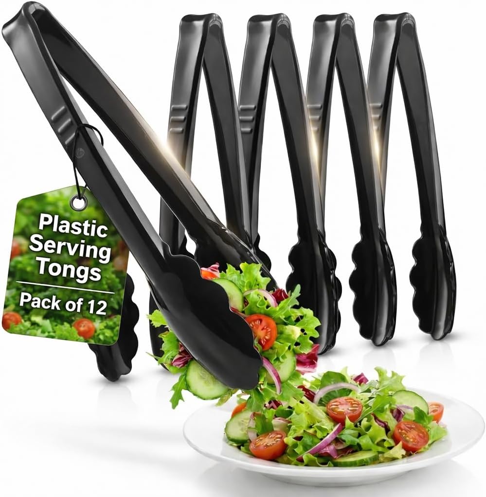 9-Inch Plastic Serving Tongs (6-Pack) Heavy-Duty Black Tongs