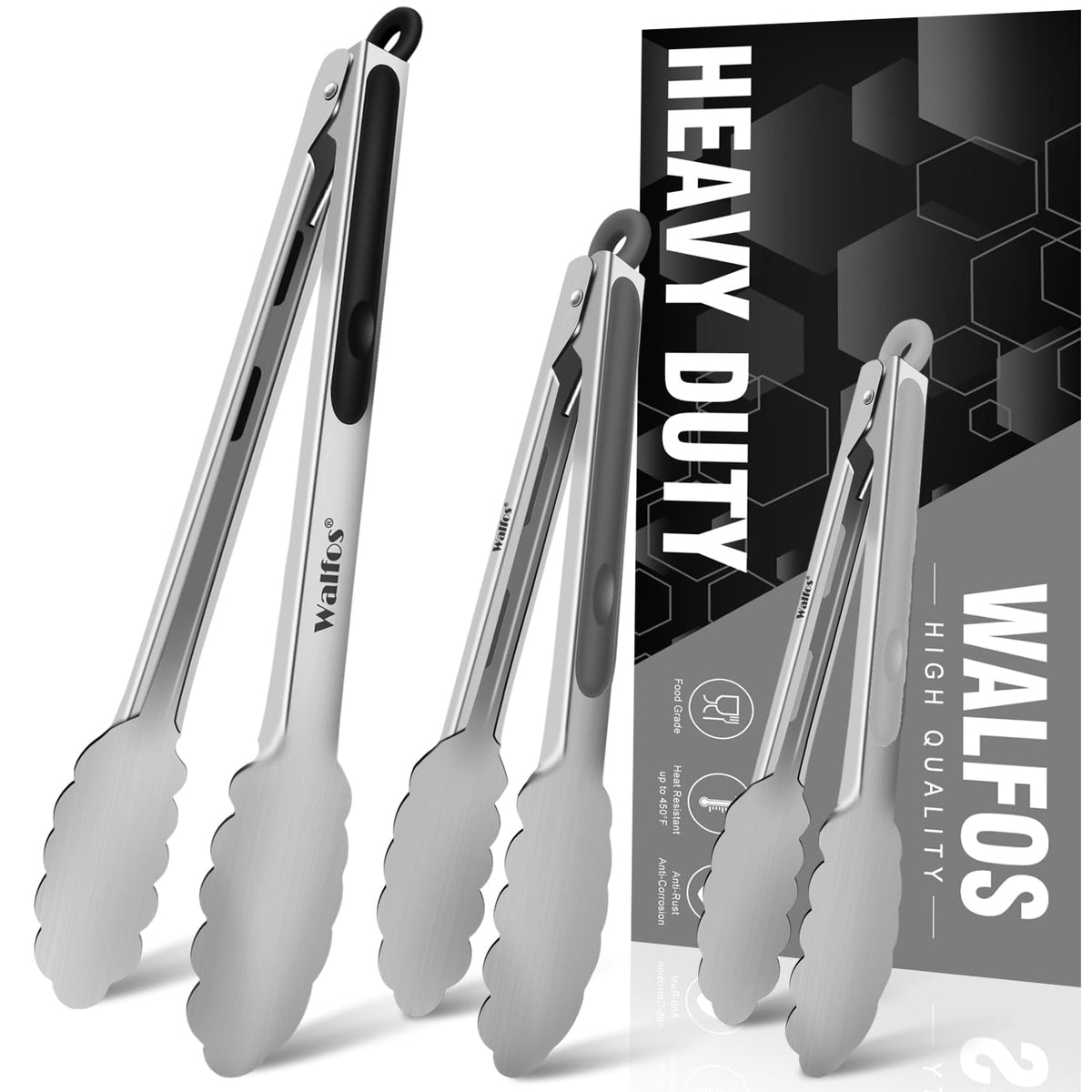 Walfos Silicone Tongs for Cooking - Heat Resistant kitchen tongs for Salad,Cooking, Grilling,Stainless Steel and BPA Free Silicone Tips set of 3 (7" 9" and 12 inch)