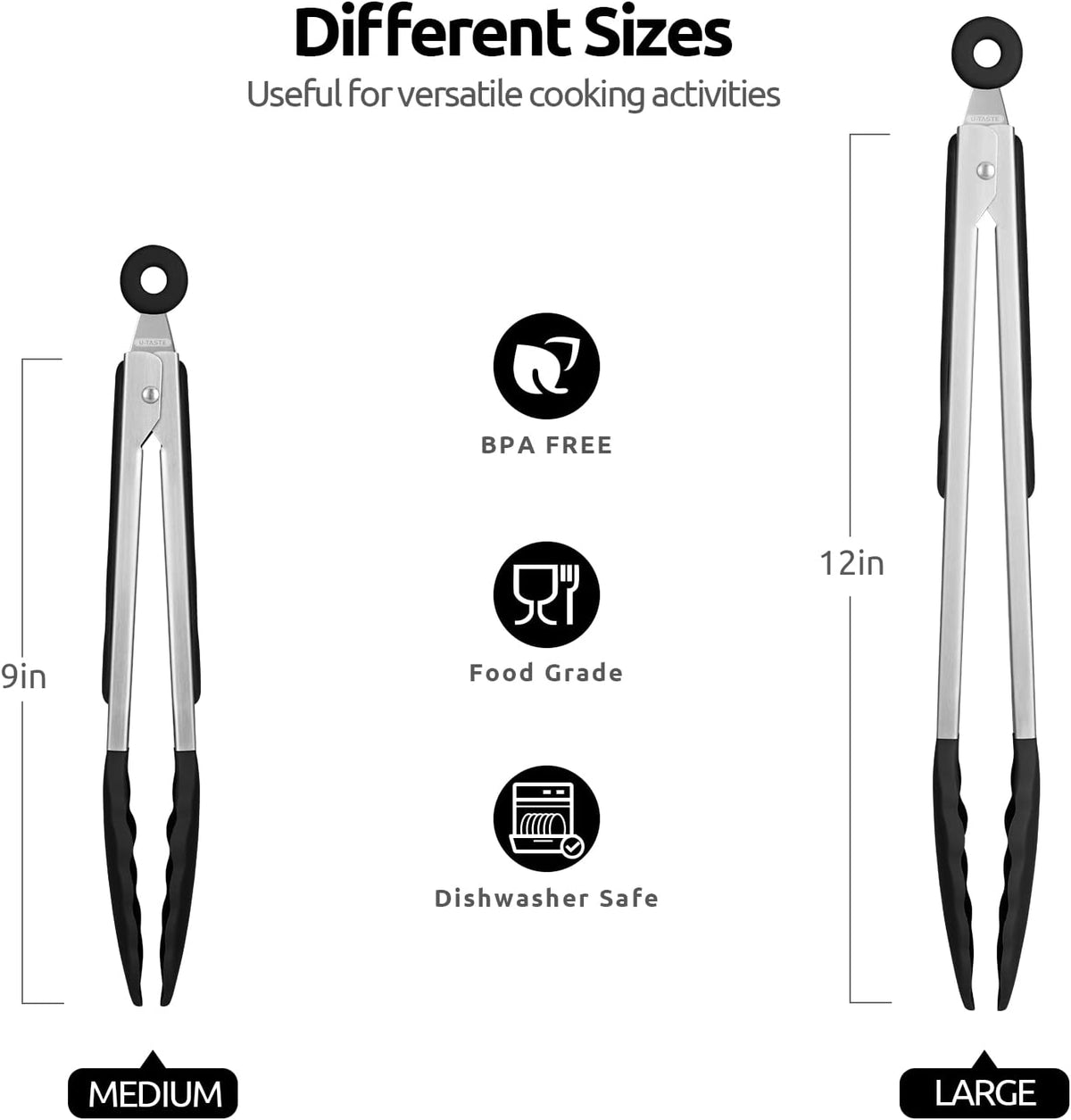 U-Taste Kitchen Tong for Cooking, 600ºF Heat-Resistant Silicone, 2Pcs/Black