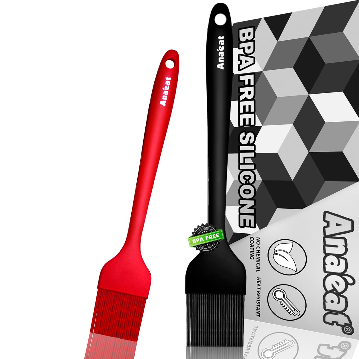Anaeat High Heat Resistant Silicone Basting Pastry Brush Set of 2- Hygienic One-Pieces Design Spread Oil Butter for BBQ Grill Barbecue Baking Kitchen Cooking - BPA Free & Dishwasher Safe (10"+8.2")