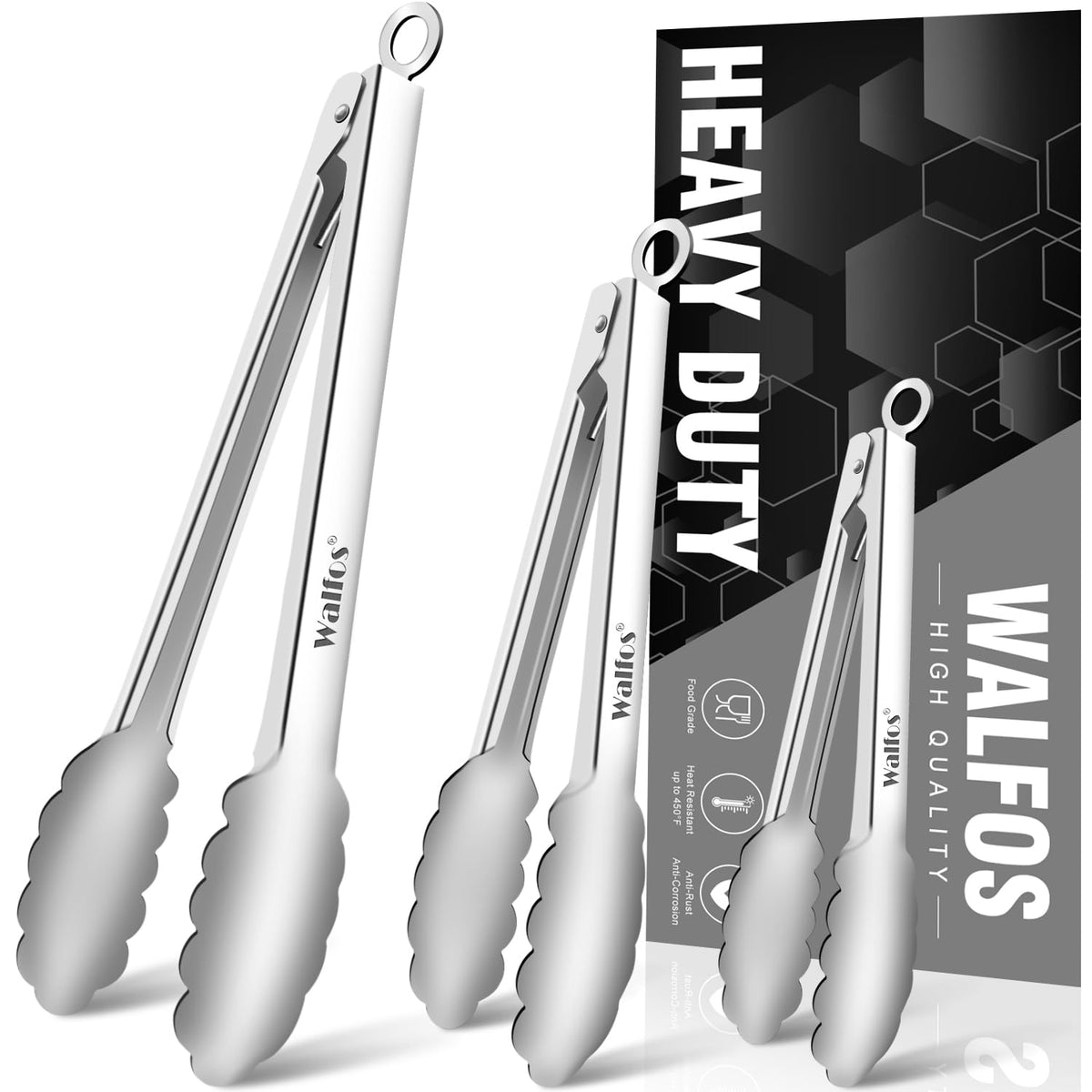 Walfos Silicone Tongs for Cooking - Heat Resistant kitchen tongs for Salad,Cooking, Grilling,Stainless Steel and BPA Free Silicone Tips set of 3 (7" 9" and 12 inch)