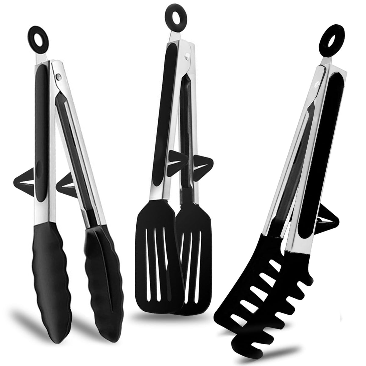 12" Kitchen Tongs for cooking with Silicone Tips, 3Pcs Serving Tongs, Grey