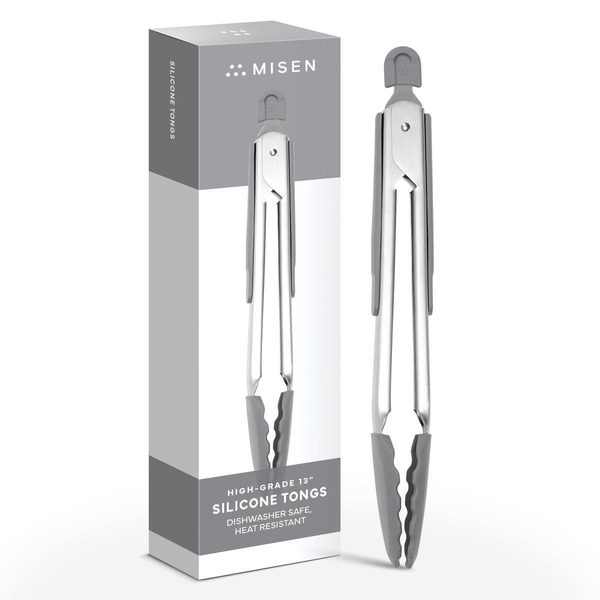Misen Kitchen Tongs - Dishwasher Safe, Heavy Duty - Precision Stainless Steel Grilling Tool - Heat Resistant - Perfect for Serving and Air Frying - 13 Inch | Gray