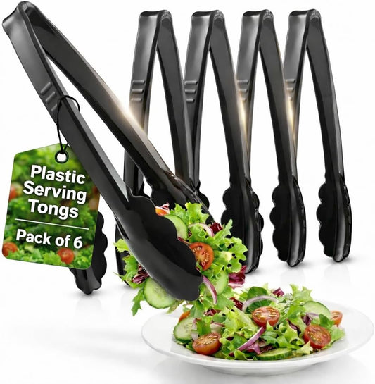 9-Inch Plastic Serving Tongs (6-Pack) Heavy-Duty Black Tongs