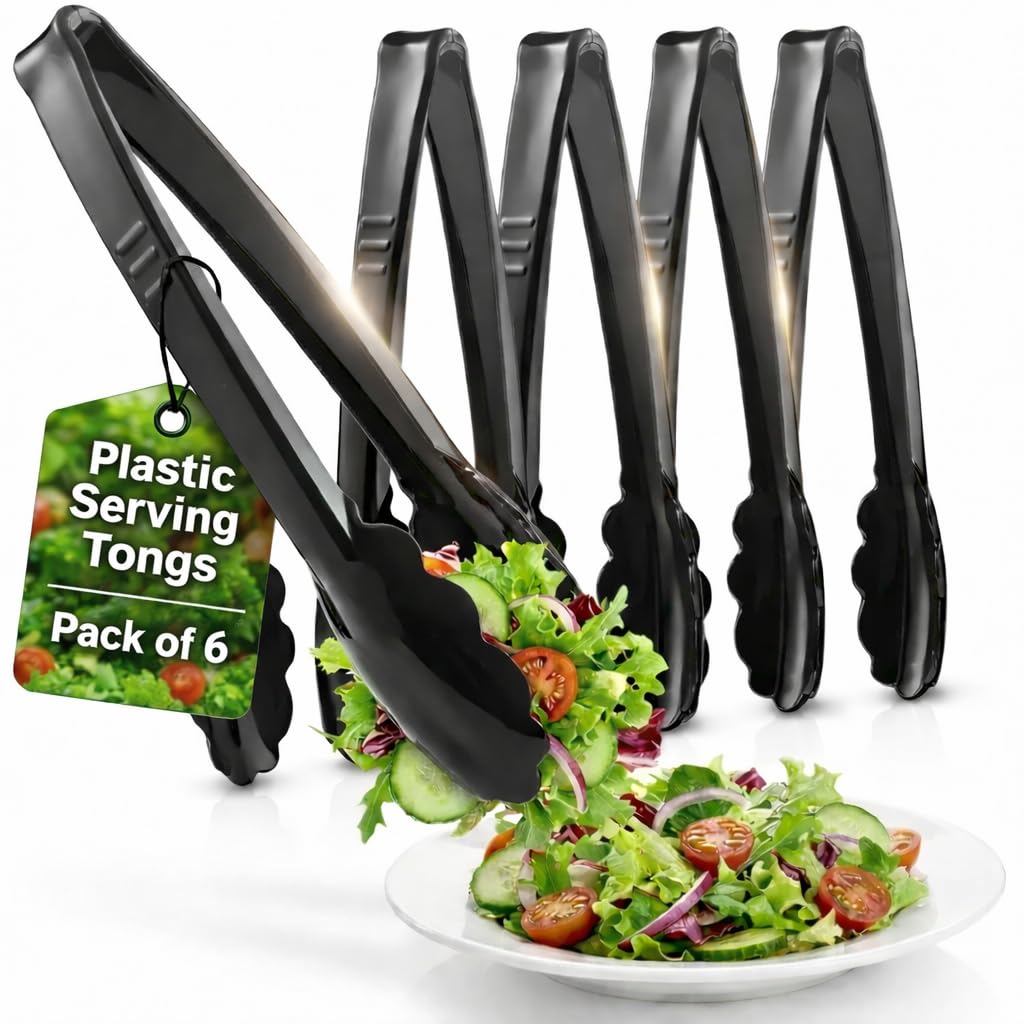 9-Inch Plastic Serving Tongs (6-Pack) Heavy-Duty Black Tongs