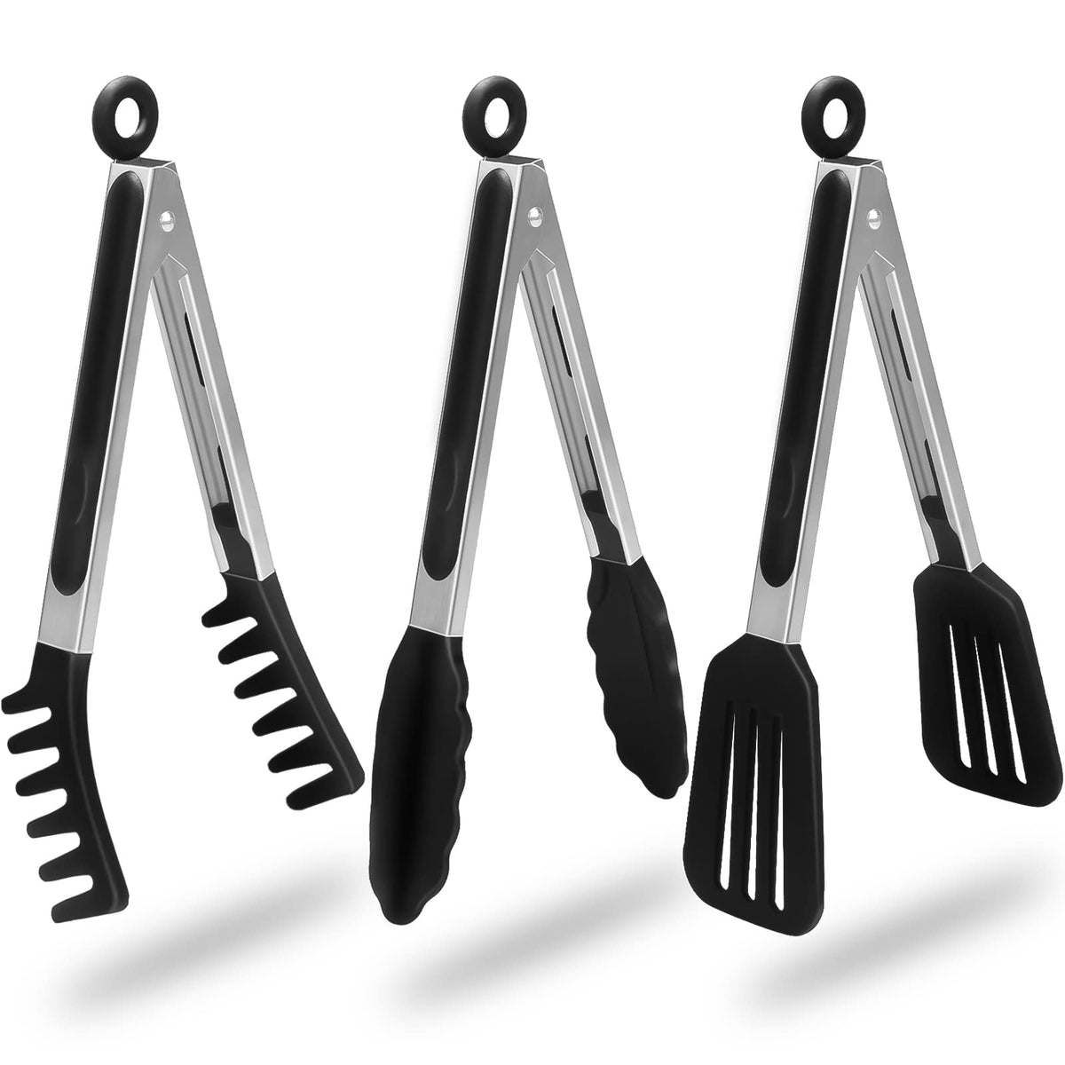 HST Tongs for Cooking with Silicone Tips 3 Pack, Kitchen Tongs (9", Black)