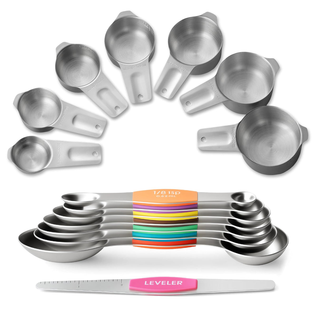 EWFEN Measuring Cups and Spoons Set, 7 Stainless Steel Nesting Measuring Cups & 7 Spoons, 5 Mini Measuring Spoons &1 Leveler, Kitchen Gadgets for Cooking & Baking, Square