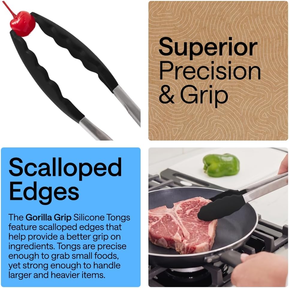 GORILLA GRIP Stainless Steel Kitchen Tongs for Cooking, 2 PK, Black