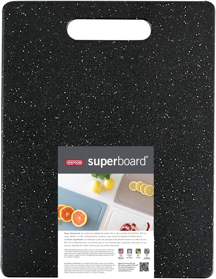 Dexas Superboard Cutting Board with Handle 8.5 x 11 inch Midnight Granite, Compact Kitchen Prep Board, Dishwasher Safe, Non-Porous Poly Surface, Made in USA