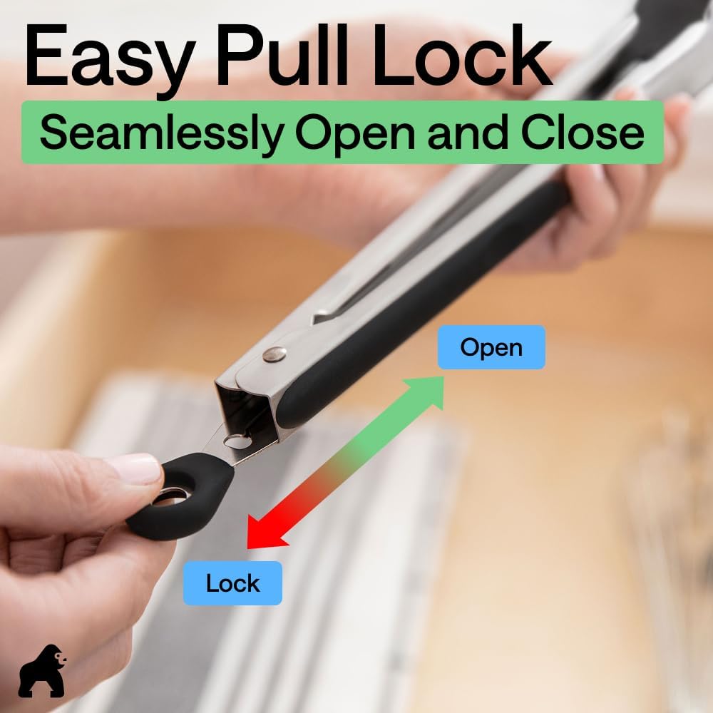 GORILLA GRIP Stainless Steel Kitchen Tongs for Cooking, 2 PK, Black