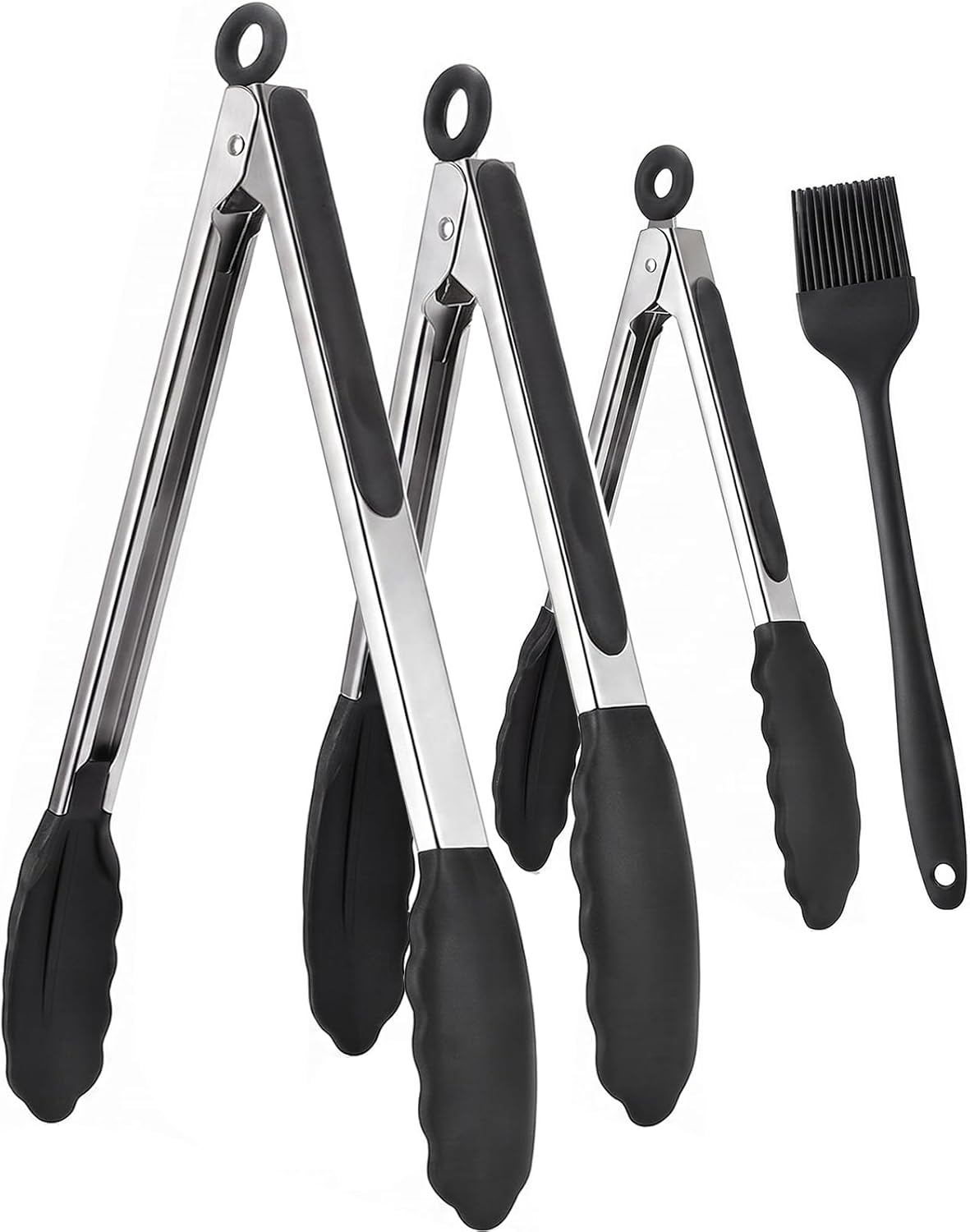 Kitchen Tongs with Silicone Tips, Cooking Tong Set 7/9/12 in and Oil Brush