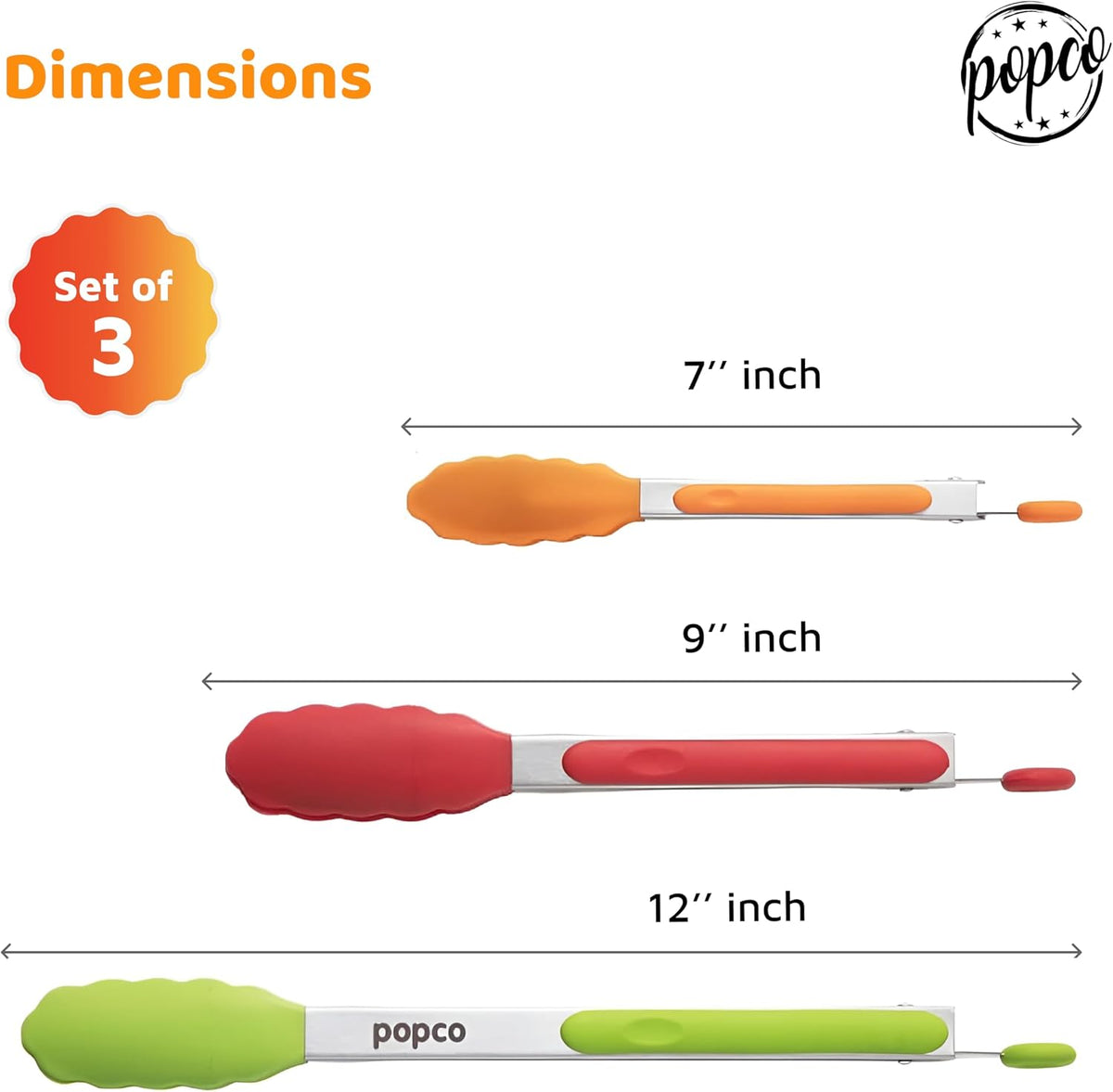 Popco 3 Piece Kitchen Tongs Set 7, 9, 12 Inch - Stainless Steel Nonstick Tongs with Silicone Tips - Heat Resistant and Dishwasher Safe for Cooking, Grilling, Salad, and Everyday Serving