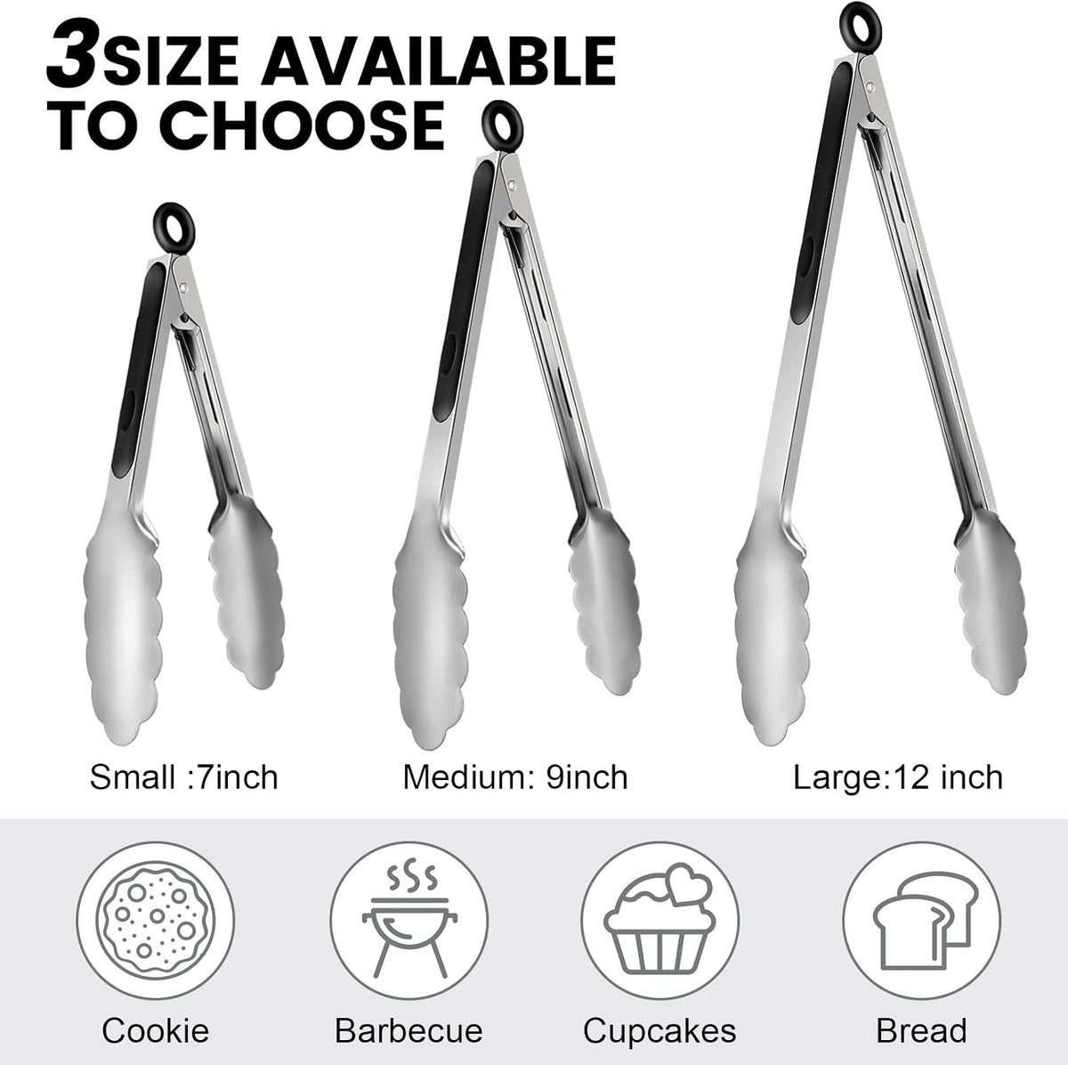 Chengu 12 Pack Stainless Steel Kitchen Tongs, 7/9/12 Inches