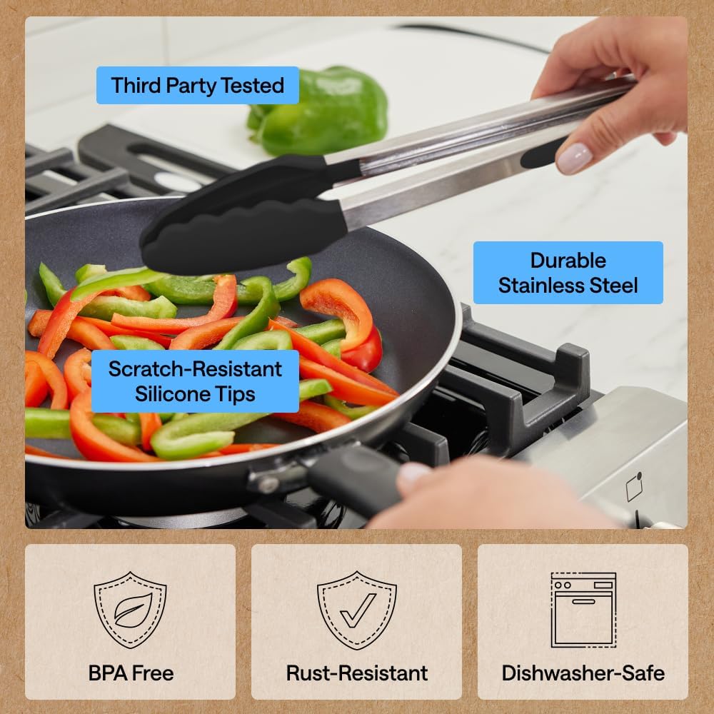 GORILLA GRIP Stainless Steel Kitchen Tongs for Cooking, 2 PK, Black