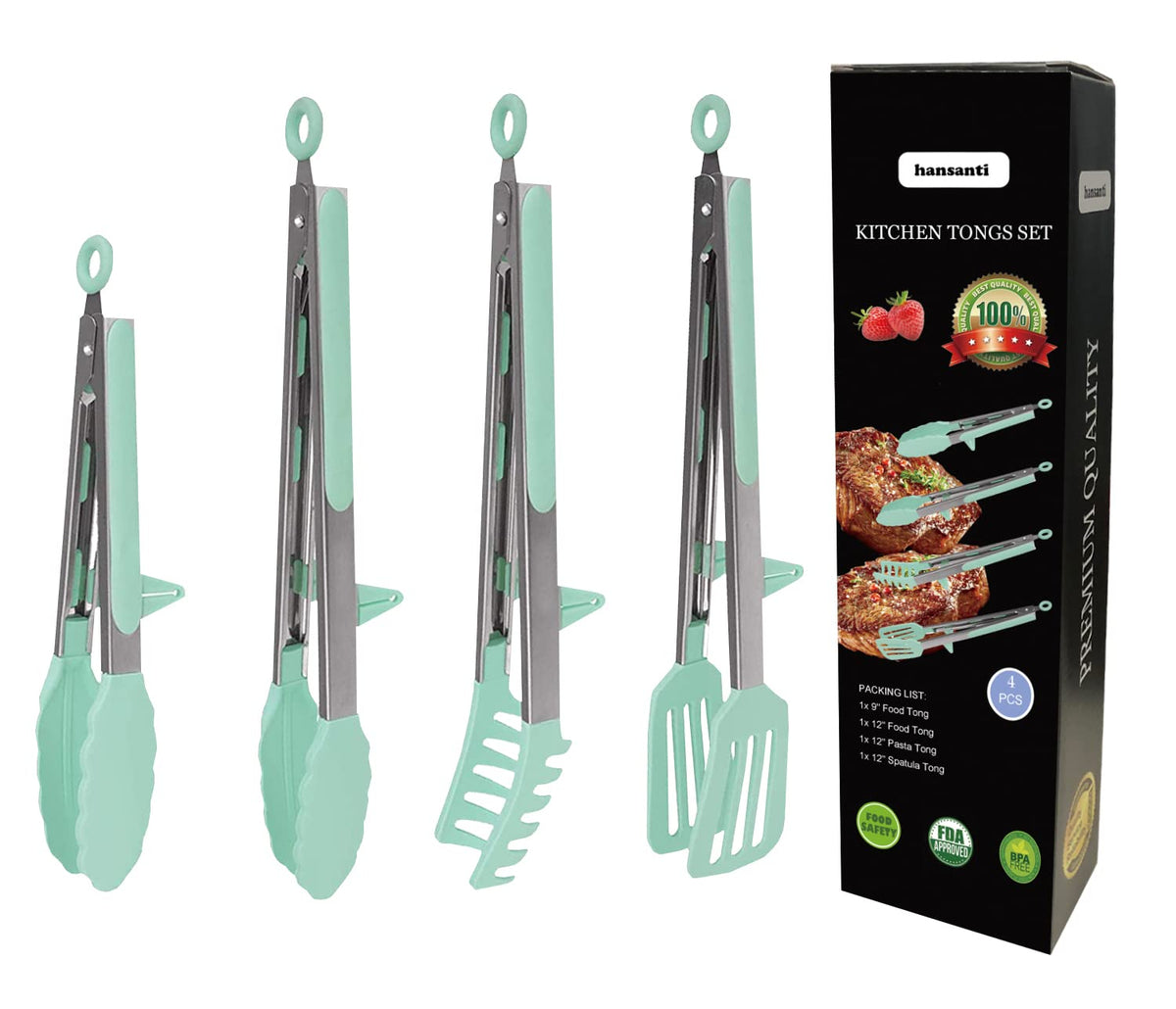 4 Pack Silicone Kitchen Cooking Tongs Set, Stainless Steel Nonstick Food Tong with BPA Free Silicone Tips for Serving Pasta Spaghetti Steak Pie Pizza Salad Vegetable Fruit Grilling BBQ Buffet 9" & 12"