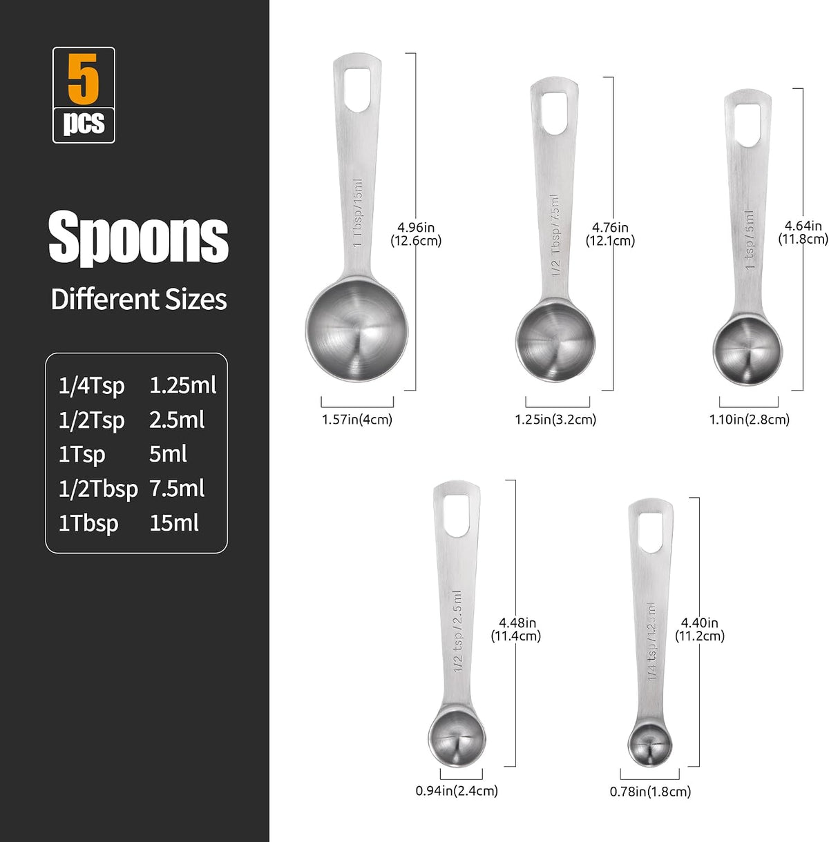 Doosu 18/8 Stainless Steel Measuring Spoons with Engraved Metric (Set of 5)