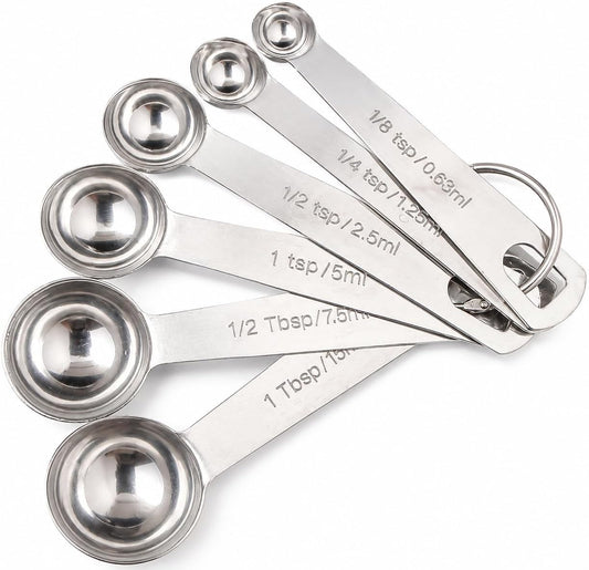 Stainless Steel Measuring Spoons Set of 6, Metal Measuring Spoons with Engraved US & Metric Measurements, Stackable with Ring Connector, Dishwasher Safe for Baking & Cooking