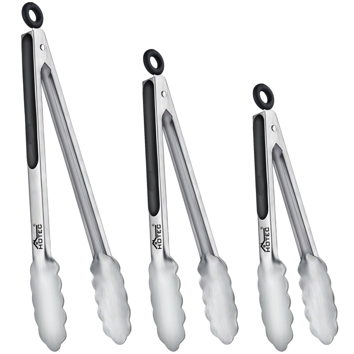 Hotec Stainless Steel Kitchen Tongs, Set of 2-9" and 12", Locking Metal Food Tongs for Cooking, Serving, BBQ, Grill Non-Slip Grip