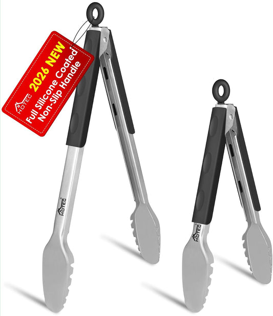 Hotec Stainless Steel Kitchen Tongs, Set of 2-9" and 12", Locking Metal Food Tongs for Cooking, Serving, BBQ, Grill Non-Slip Grip
