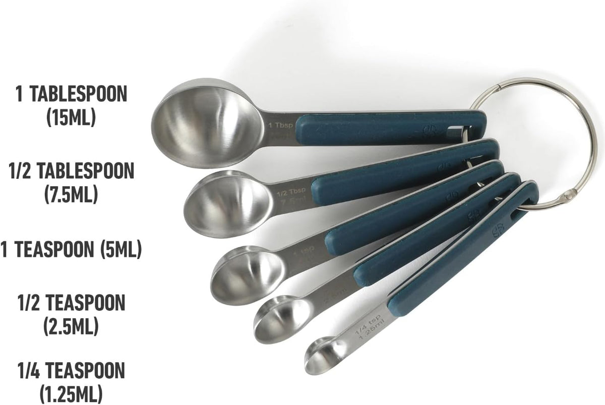 Calphalon Prime Measuring Spoons, Plastic Measuring Spoon Set, 5-Piece Stainless Steel Measuring Spoons Navy Silicone Handle Accurate, Durable for Spices and Small Portions