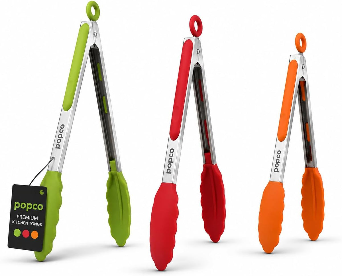 Popco 3 Piece Kitchen Tongs Set 7, 9, 12 Inch - Stainless Steel Nonstick Tongs with Silicone Tips - Heat Resistant and Dishwasher Safe for Cooking, Grilling, Salad, and Everyday Serving