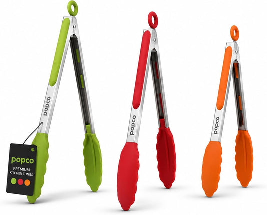 Popco 3 Piece Kitchen Tongs Set 7, 9, 12 Inch - Stainless Steel Nonstick Tongs with Silicone Tips - Heat Resistant and Dishwasher Safe for Cooking, Grilling, Salad, and Everyday Serving