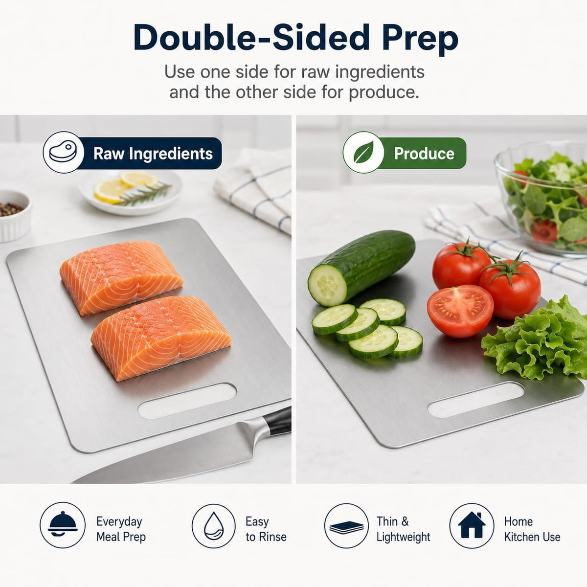 Stainless Steel Cutting Board Set of 3, Thin Metal Chopping Boards with Handle, Double Sided Kitchen Cutting Mats for Meat, Fish, Fruits & Vegetables, Home Camping BBQ