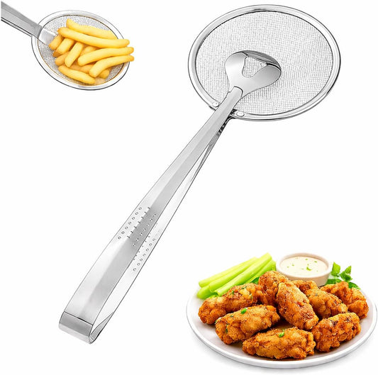 Spider Strainer Tongs 2-in-1 Frying Strainer with Clip Tongs, Stainless Steel Oil Skimmer for Fried Foods, Deep Fry Draining Tool