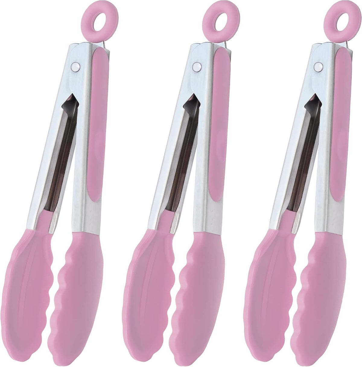 HINMAY Small Serving Tongs with Silicone Tips 7-Inch Mini Tongs, Set of 3 (Pink)