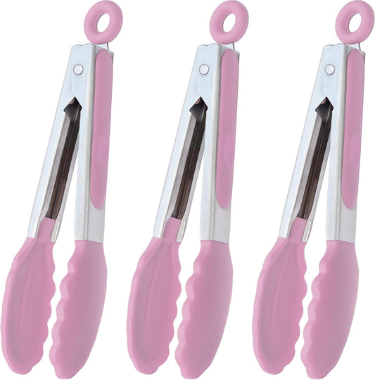 HINMAY Small Serving Tongs with Silicone Tips 7-Inch Mini Tongs, Set of 3 (Pink)