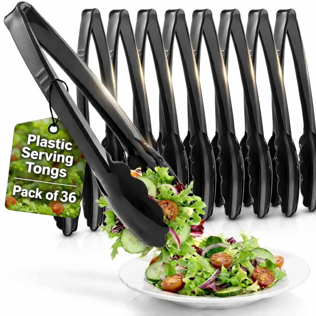 9-Inch Plastic Serving Tongs (6-Pack) Heavy-Duty Black Tongs