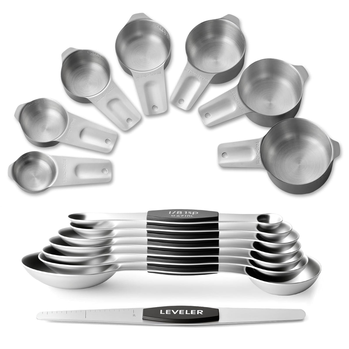 EWFEN Measuring Cups and Spoons Set, 7 Stainless Steel Nesting Measuring Cups & 7 Spoons, 5 Mini Measuring Spoons &1 Leveler, Kitchen Gadgets for Cooking & Baking, Square